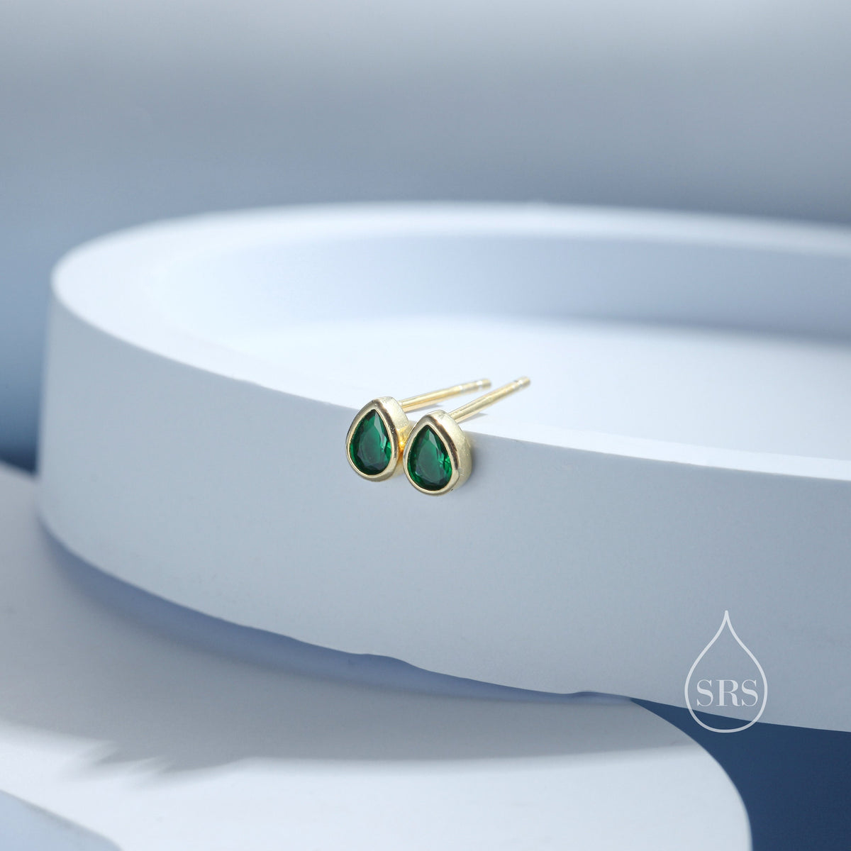Extra Tiny Emerald Green Droplet CZ Stud Earrings in Sterling Silver, Silver or Gold, Tiny Pear Cut Bezel CZ Stud Earrings, May Birthstone