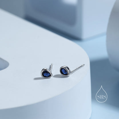 Extra Tiny Sapphire Blue Droplet CZ Stud Earrings in Sterling Silver, Tiny Pear Cut Bezel CZ Stud Earrings, September Birthstone