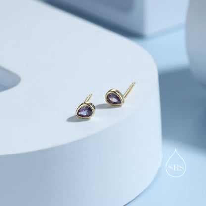 Extra Tiny Amethyst Purple Droplet CZ Stud Earrings in Sterling Silver, Tiny Pear Cut Bezel CZ Stud Earrings, February Birthstone