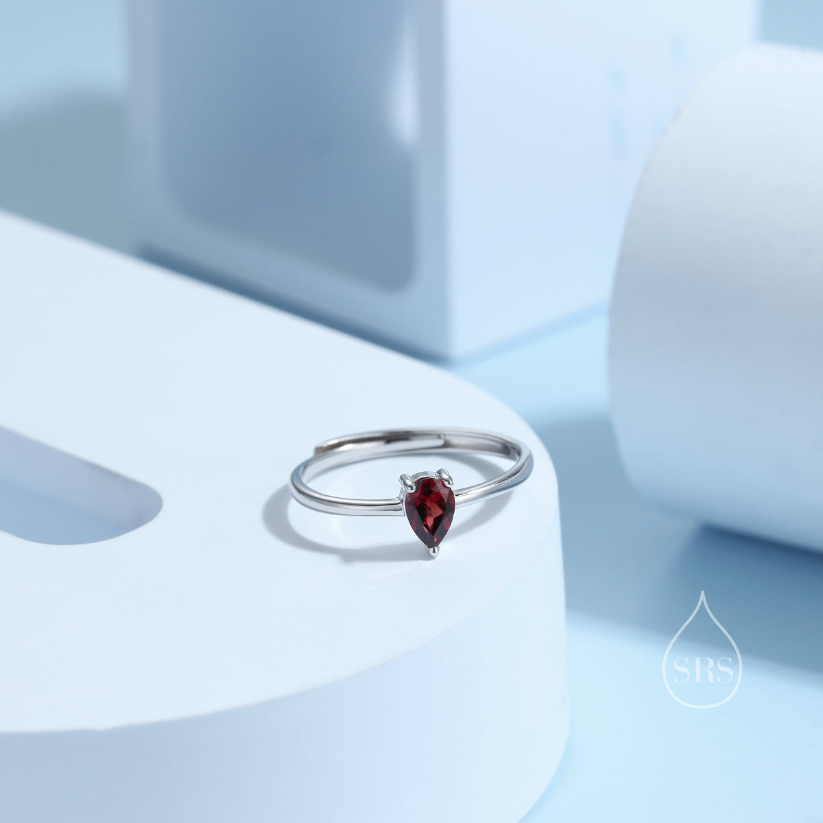 Natural Red Garnet Droplet Ring in Sterling Silver, 4x6mm, Prong Set Pear Cut, Adjustable Size, Genuine Garnet Ring, January Birthstone