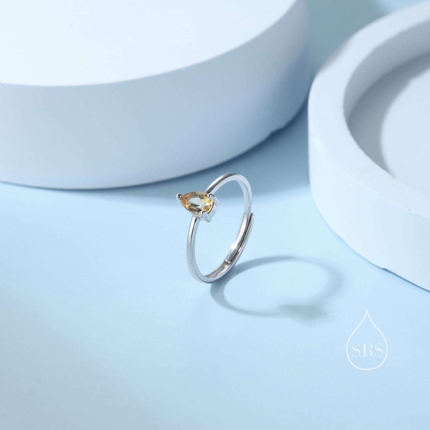 Natural Citrine Droplet Ring in Sterling Silver, 4x6mm, Prong Set Pear Cut, Adjustable Size, Genuine Citrine Ring, November Birthstone