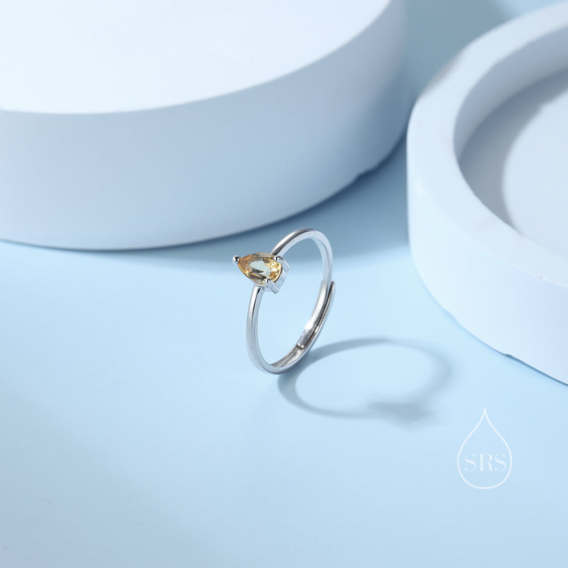 Natural Citrine Droplet Ring in Sterling Silver, 4x6mm, Prong Set Pear Cut, Adjustable Size, Genuine Citrine Ring, November Birthstone