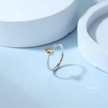 Natural Citrine Droplet Ring in Sterling Silver, 4x6mm, Prong Set Pear Cut, Adjustable Size, Genuine Citrine Ring, November Birthstone