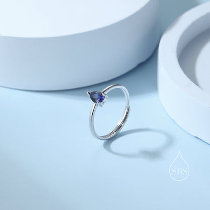 Created Blue Sapphire Droplet Ring in Sterling Silver,  4x6mm, Prong Set Pear Cut, Adjustable Size, Blue Corundum Ring, September Birthstone