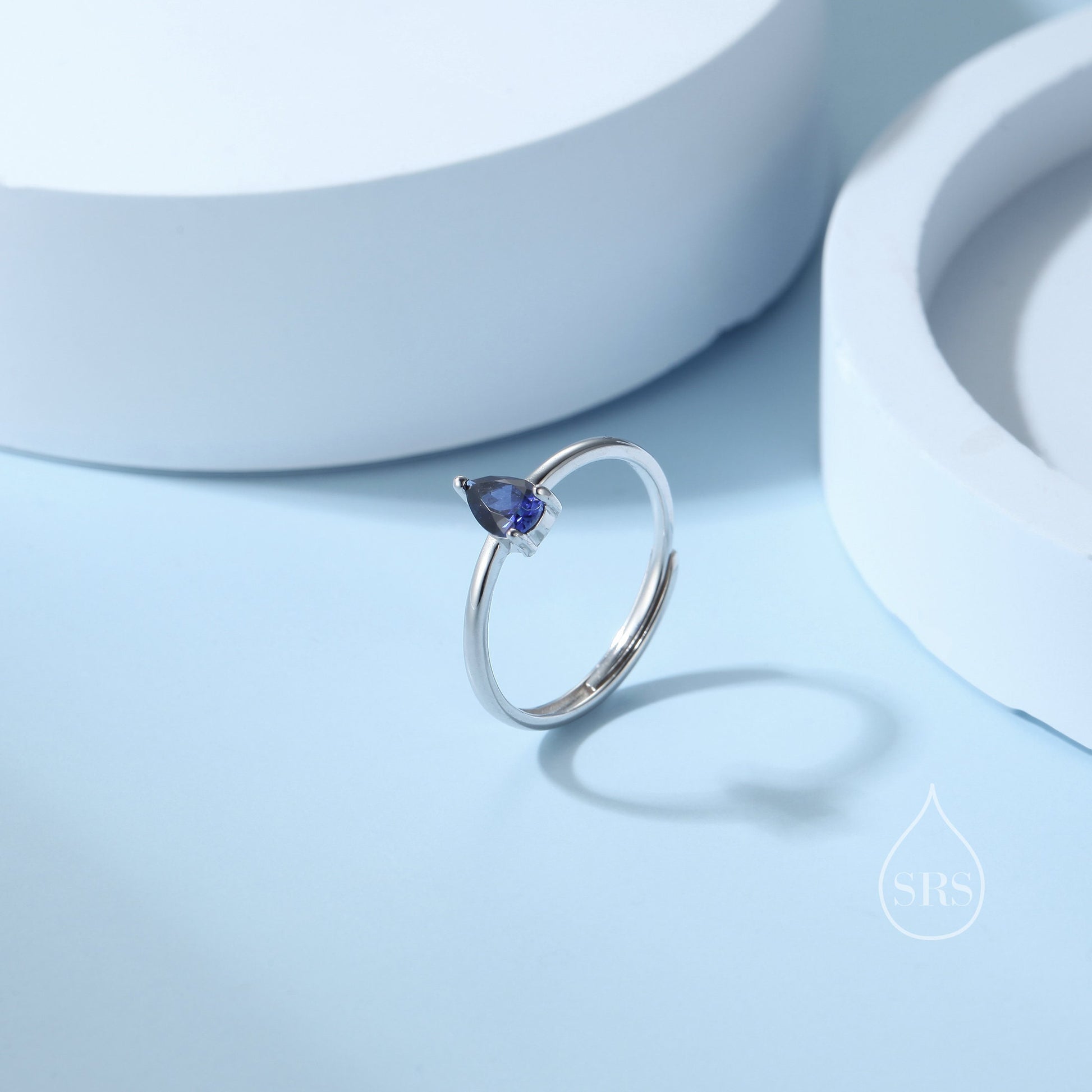 Created Blue Sapphire Droplet Ring in Sterling Silver, 4x6mm, Prong Set Pear Cut, Adjustable Size, Blue Corundum Ring, September Birthstone
