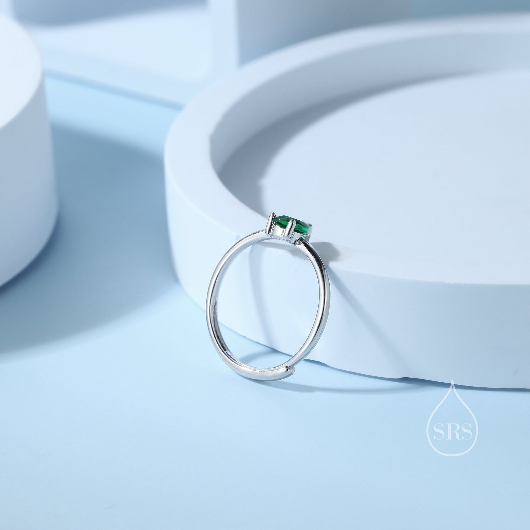 Created Green Emerald Droplet Ring in Sterling Silver, 4x6mm, Prong Set Pear Cut, Adjustable Size, Lab Emerald Ring, May Birthstone