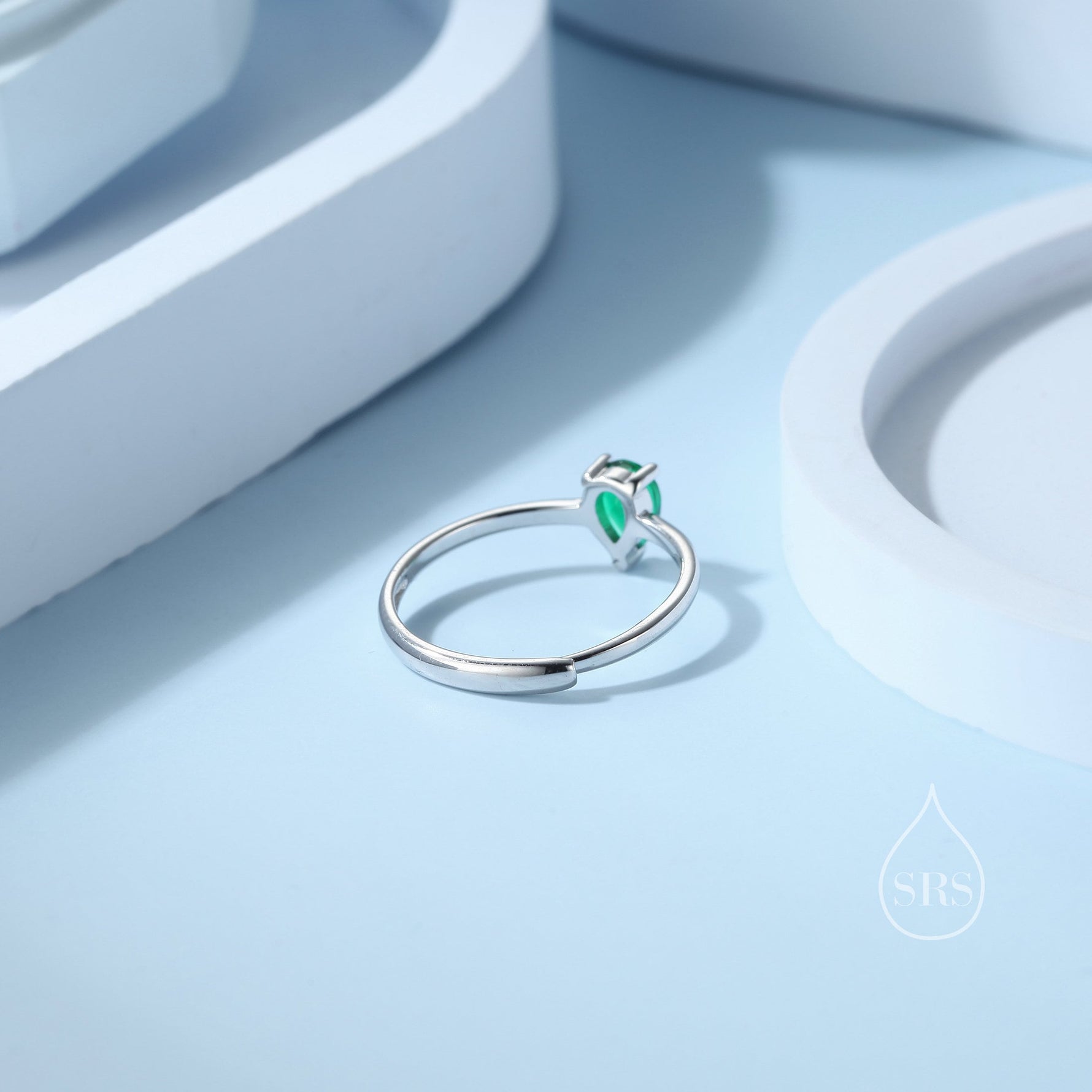 Created Green Emerald Droplet Ring in Sterling Silver, 4x6mm, Prong Set Pear Cut, Adjustable Size, Lab Emerald Ring, May Birthstone