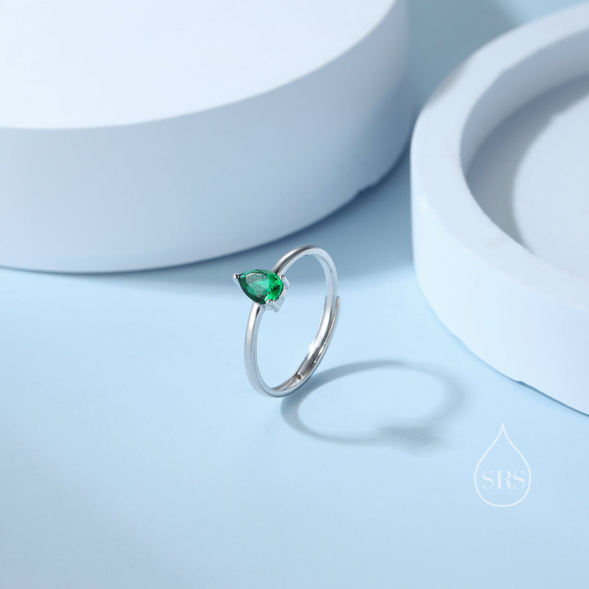 Created Green Emerald Droplet Ring in Sterling Silver, 4x6mm, Prong Set Pear Cut, Adjustable Size, Lab Emerald Ring, May Birthstone