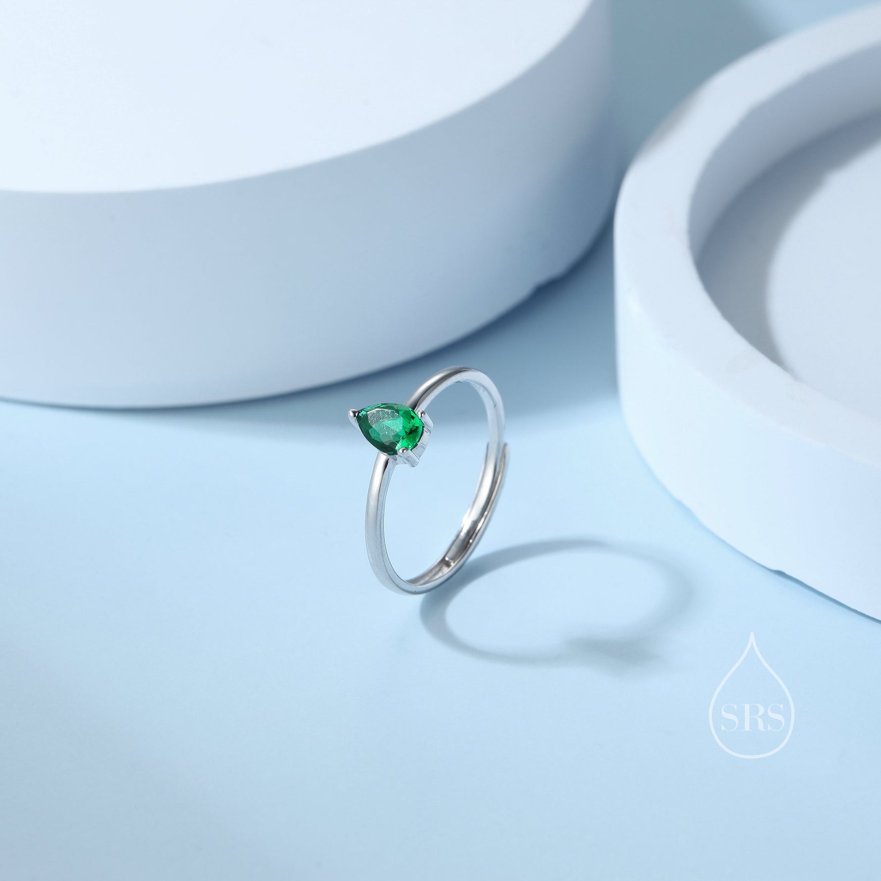 Created Green Emerald Droplet Ring in Sterling Silver, 4x6mm, Prong Set Pear Cut, Adjustable Size, Lab Emerald Ring, May Birthstone