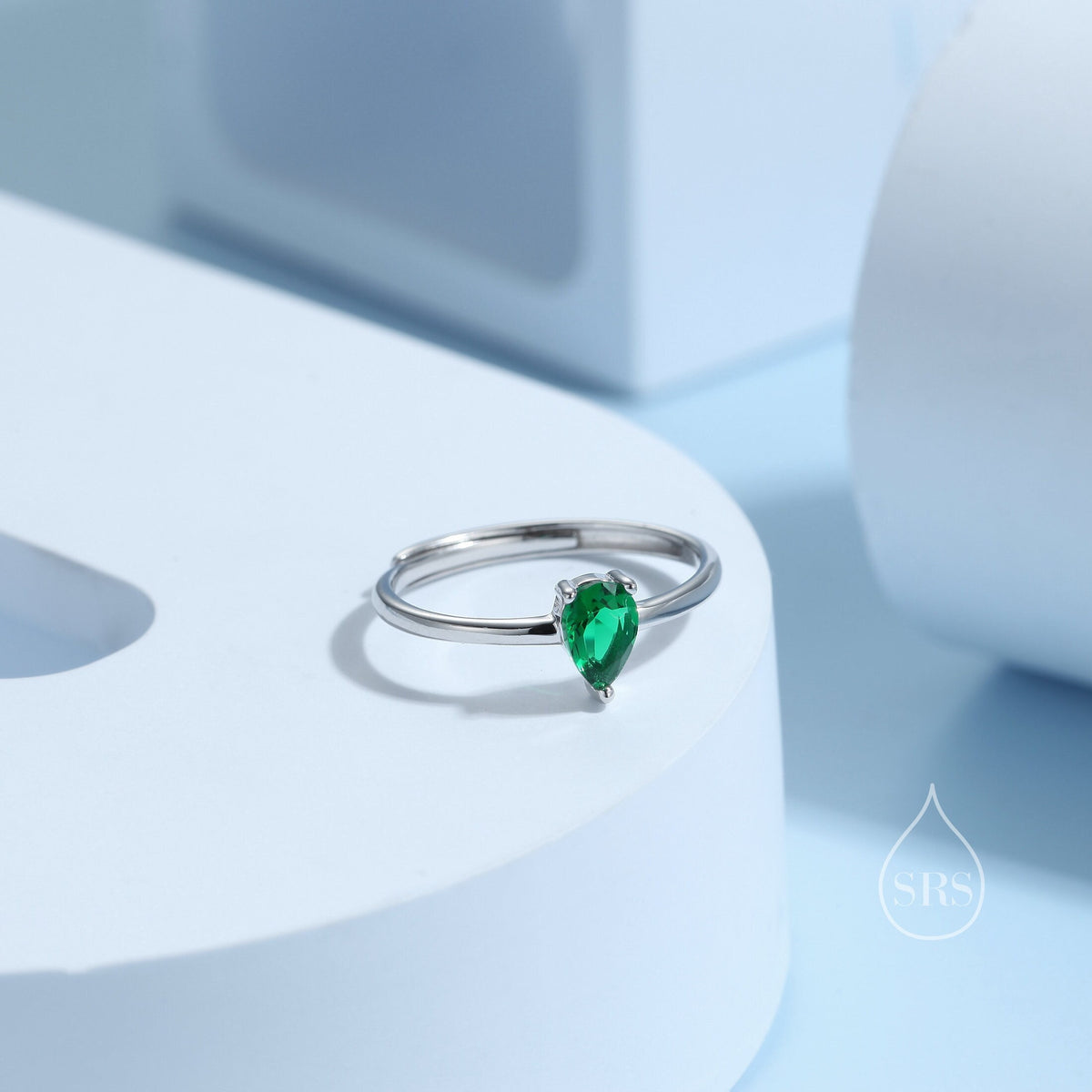 Created Green Emerald Droplet Ring in Sterling Silver, 4x6mm, Prong Set Pear Cut, Adjustable Size, Lab Emerald Ring, May Birthstone