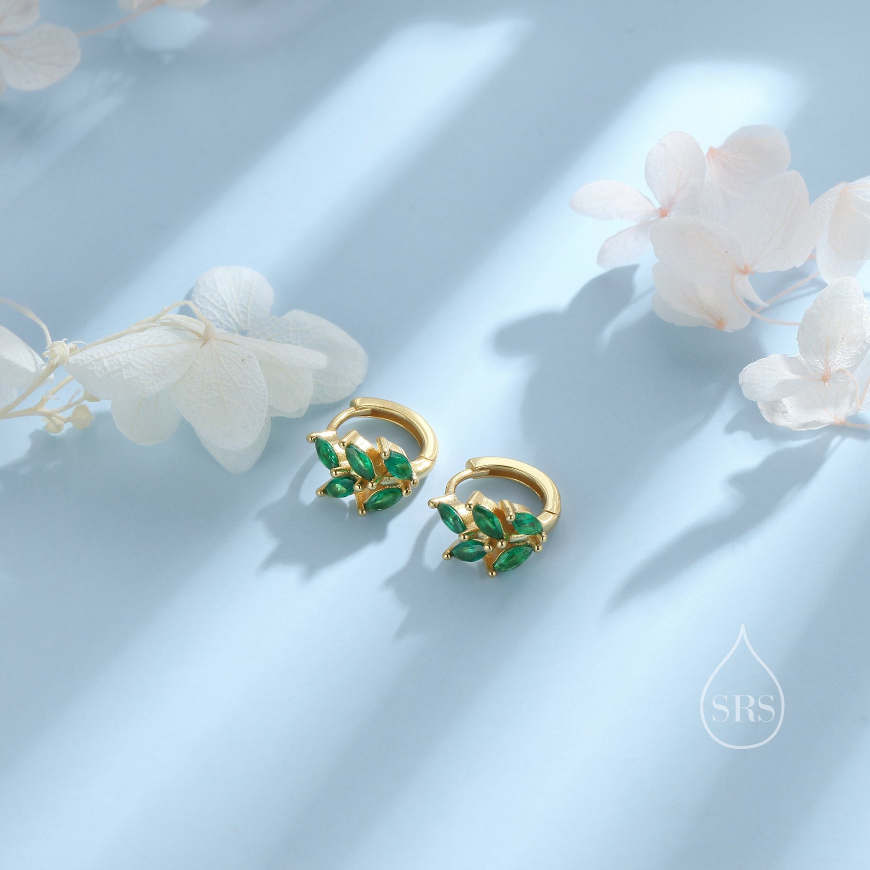 CZ Leaf Huggie Hoop Earrings in Sterling Silver, Silver or Gold or Rose Gold, Clear CZ or Green CZ Hoop Earrings