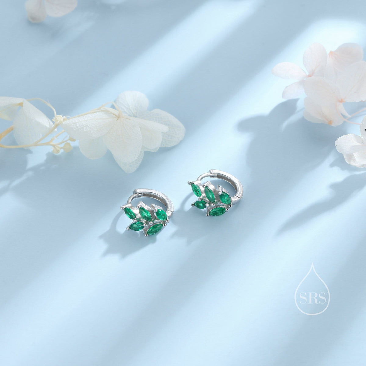 CZ Leaf Huggie Hoop Earrings in Sterling Silver, Silver or Gold or Rose Gold, Clear CZ or Green CZ Hoop Earrings