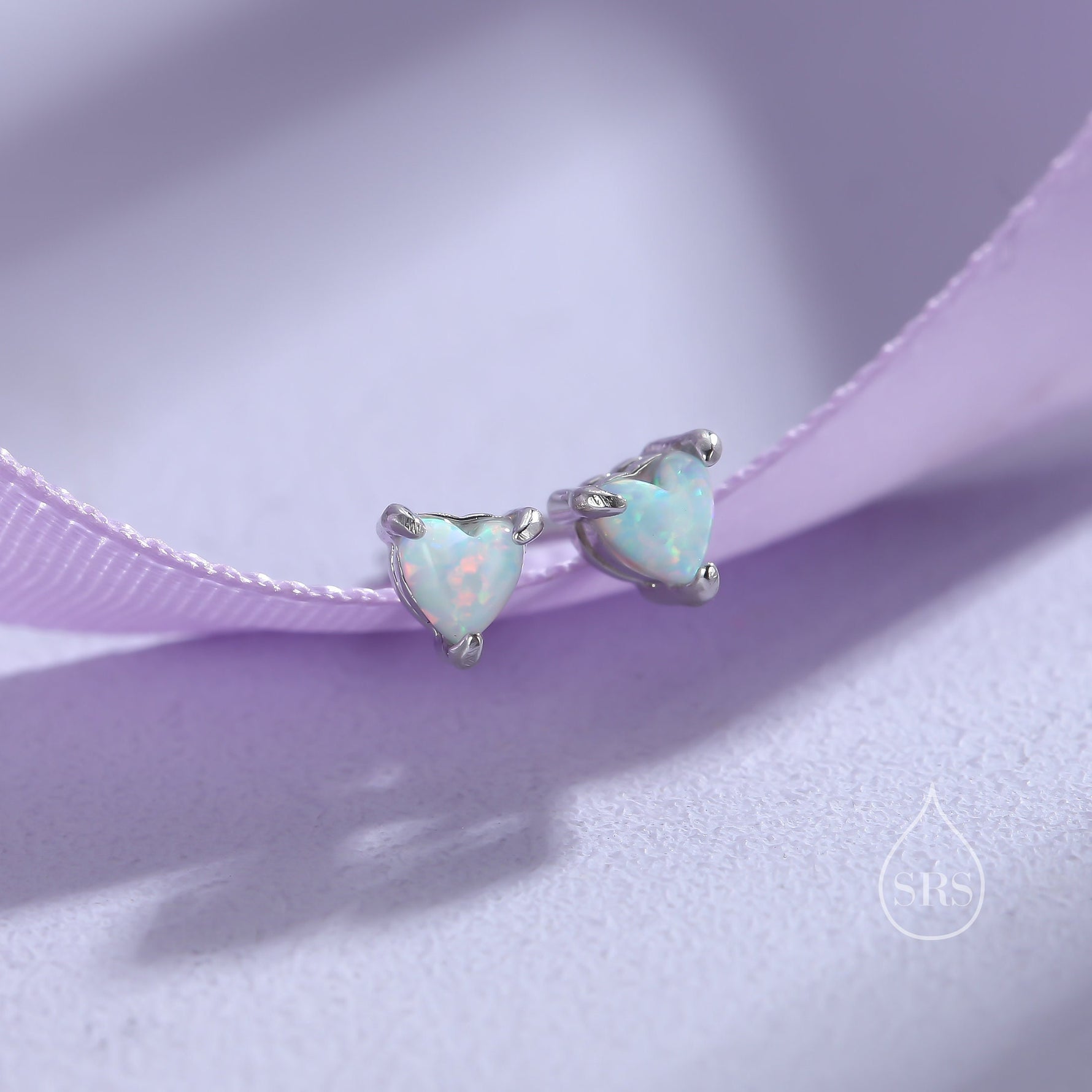 Extra Tiny White Opal Heart Stud Earrings in Sterling Silver - 3mm Fire Opal - Sustainable Lab Opal - Petite Stud Earrings