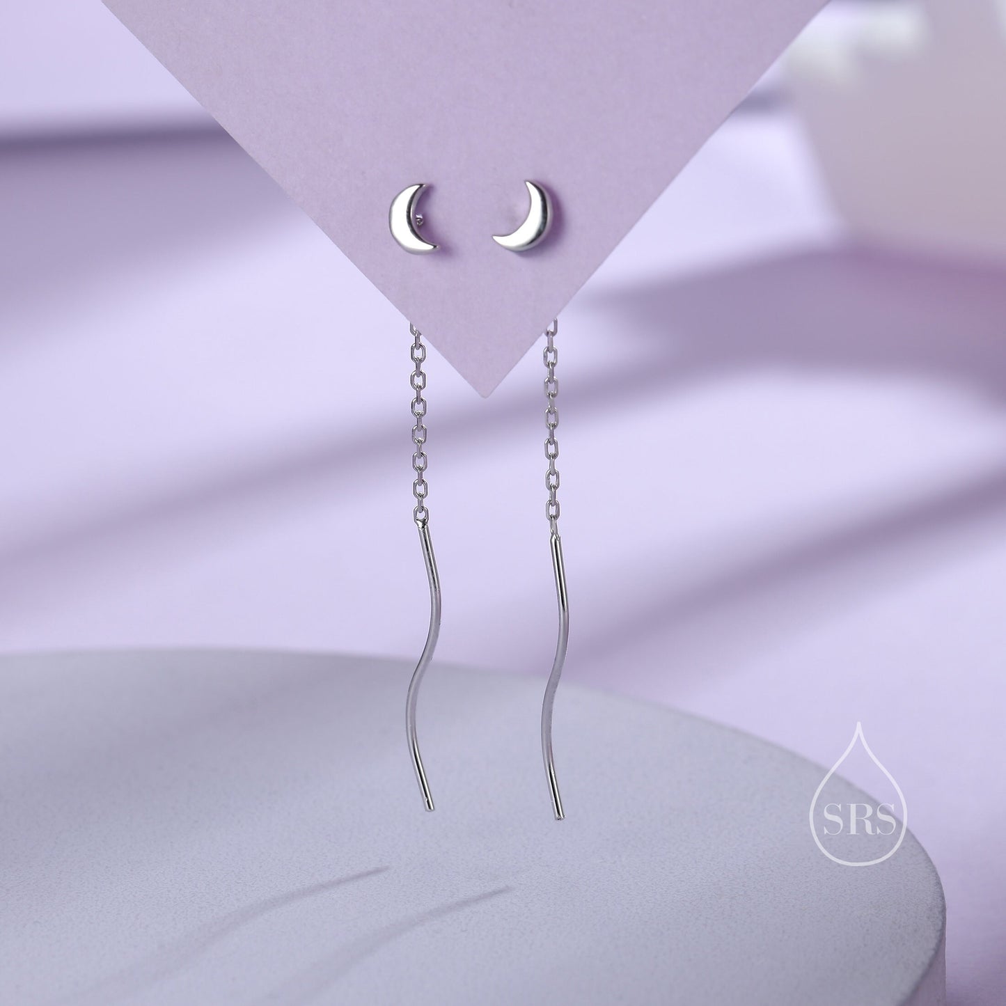 Sterling Silver Dainty Crescent Moon Threader Earrings, Silver or Gold, Swirl Ear Threader, Elegant and Pretty, Minimalist and Geometric