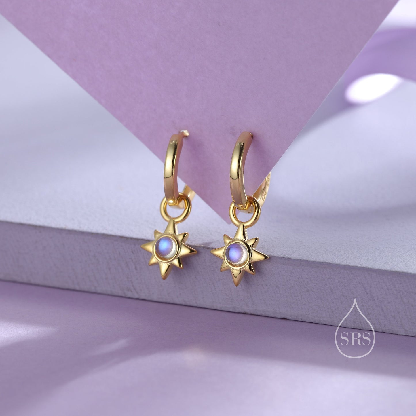 Moonstone Starburst Huggie Hoop Earrings in Sterling Silver, Simulated Moonstone North Star Detachable Drop Earrings, Delicate Star Earrings