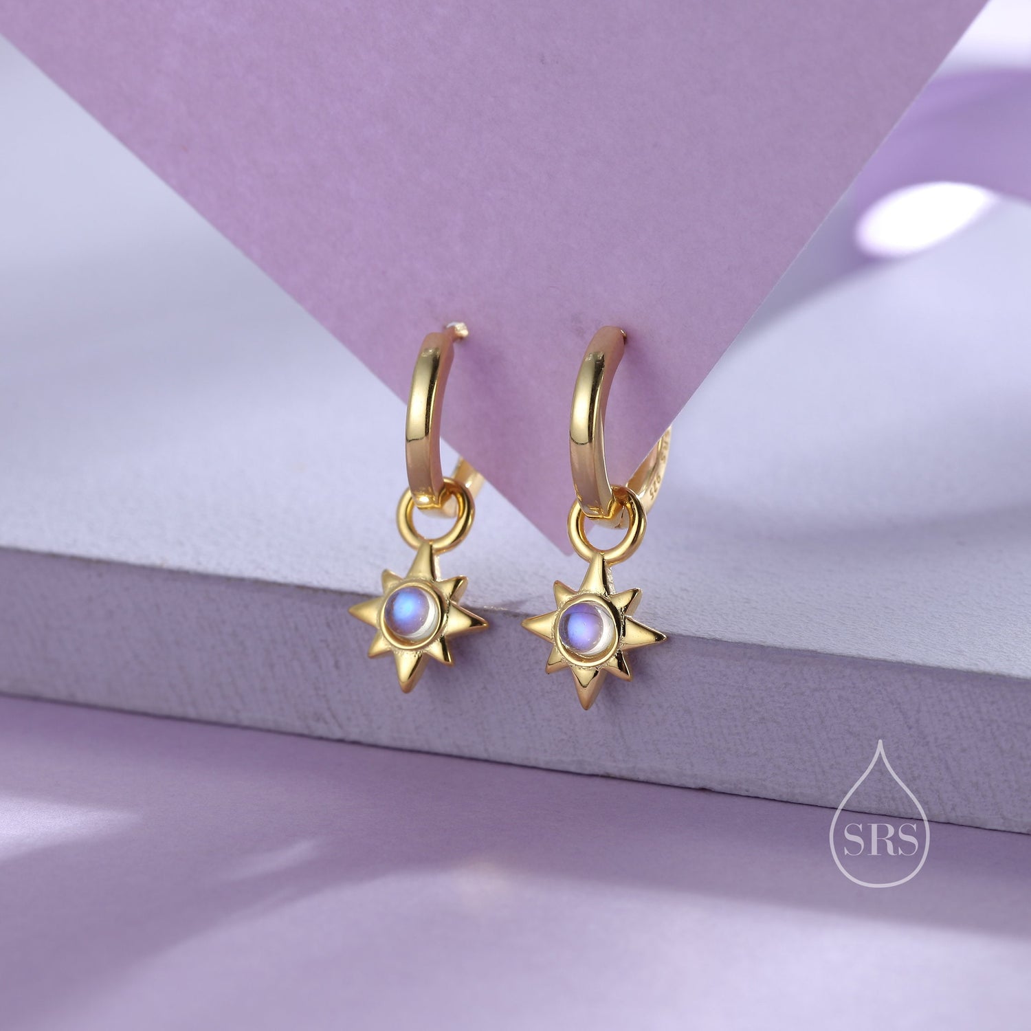 Moonstone Starburst Huggie Hoop Earrings in Sterling Silver, Simulated Moonstone North Star Detachable Drop Earrings, Delicate Star Earrings