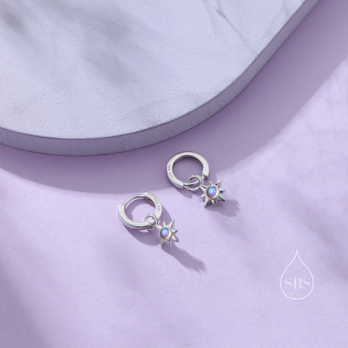 Moonstone Starburst Huggie Hoop Earrings in Sterling Silver, Simulated Moonstone North Star Detachable Drop Earrings, Delicate Star Earrings