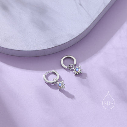 Moonstone Starburst Huggie Hoop Earrings in Sterling Silver, Simulated Moonstone North Star Detachable Drop Earrings, Delicate Star Earrings
