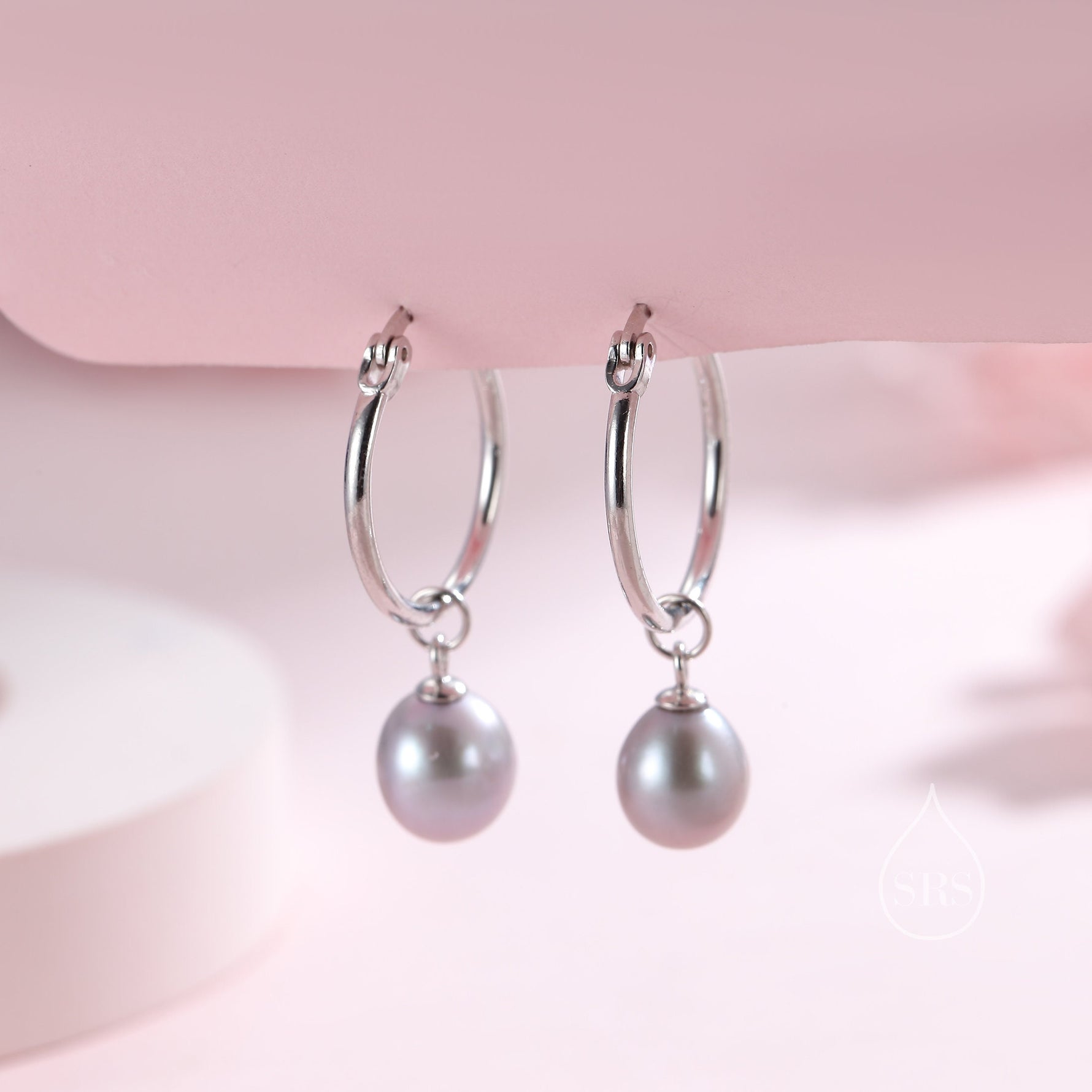 Natural Grey Freshwater Pearl Huggie Hoop Earrings in Sterling Silver