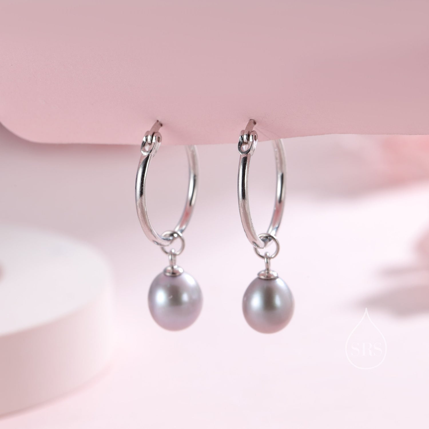 Natural Freshwater Pearl Huggie Hoop Earrings in Sterling Silver, Available in Three Colours, Grey Pearl Earrings, Black Pearl Earrings
