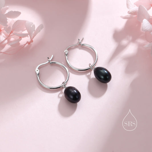 Natural Freshwater Pearl Huggie Hoop Earrings in Sterling Silver,  Available in Three Colours, Grey Pearl Earrings, Black Pearl Earrings