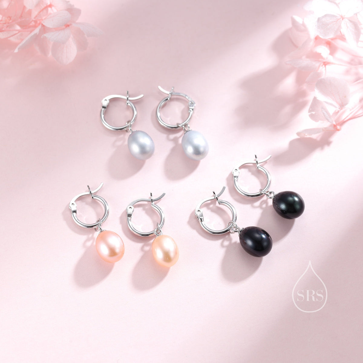 Natural Freshwater Pearl Huggie Hoop Earrings in Sterling Silver, Available in Three Colours, Grey Pearl Earrings, Black Pearl Earrings