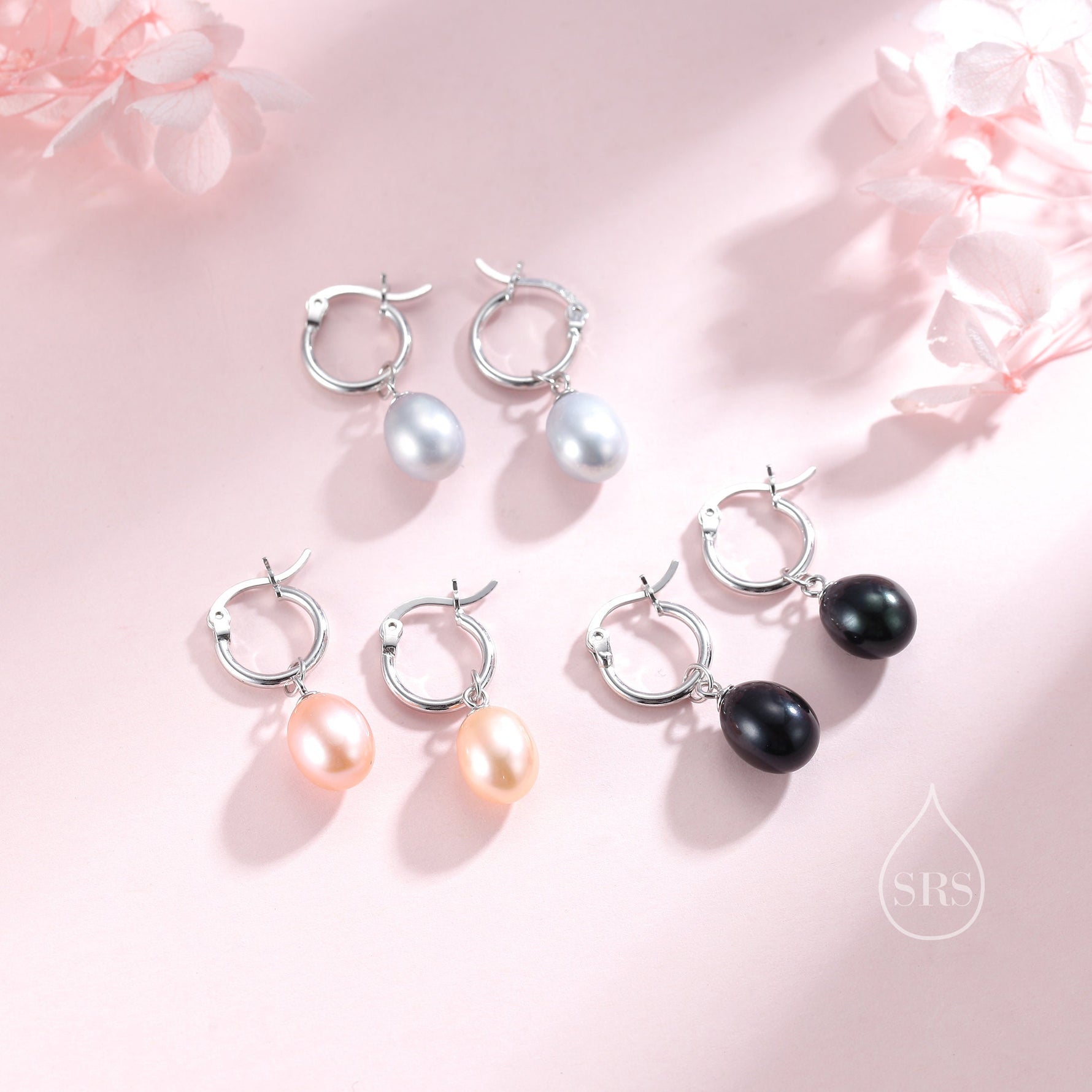 Natural Freshwater Pearl Huggie Hoop Earrings in Sterling Silver, Available in Three Colours, Grey Pearl Earrings, Black Pearl Earrings