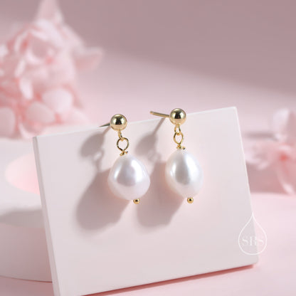 Genuine Fresh Water Pearls Drop Stud Earrings, Baroque Pearl Earrings, Sterling silver with 18ct Gold Plating, Simple and Minimalist