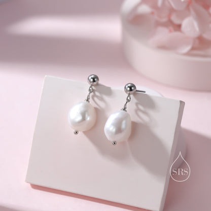 Genuine Fresh Water Pearls Drop Stud Earrings, Baroque Pearl Earrings, Sterling silver with 18ct Gold Plating, Simple and Minimalist