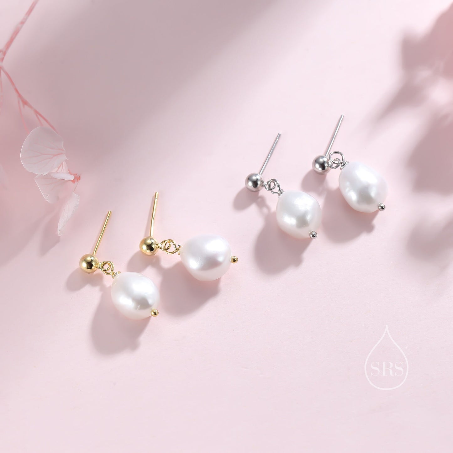 Genuine Fresh Water Pearls Drop Stud Earrings, Baroque Pearl, Sterling silver with 18ct Gold Plating, Simple and Minimalist