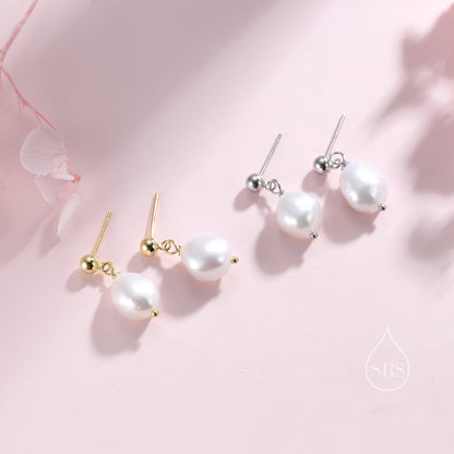 Genuine Fresh Water Pearls Drop Stud Earrings, Baroque Pearl, Sterling silver with 18ct Gold Plating, Simple and Minimalist