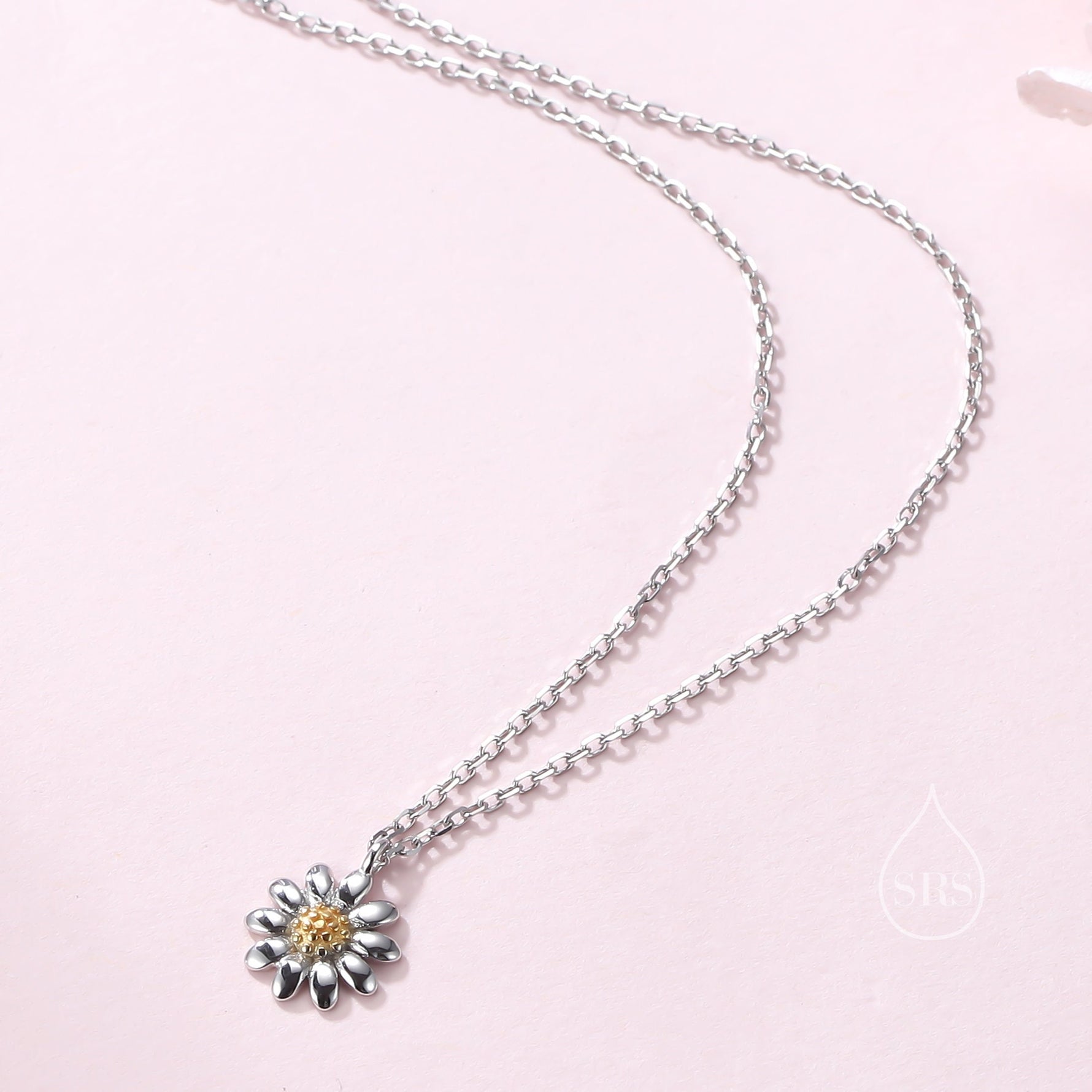 Sterling Silver Tiny Little Daisy Flower Pendant Necklace, Flower Necklace, Daisy Necklace, Two Tone Flower Pendant Necklace
