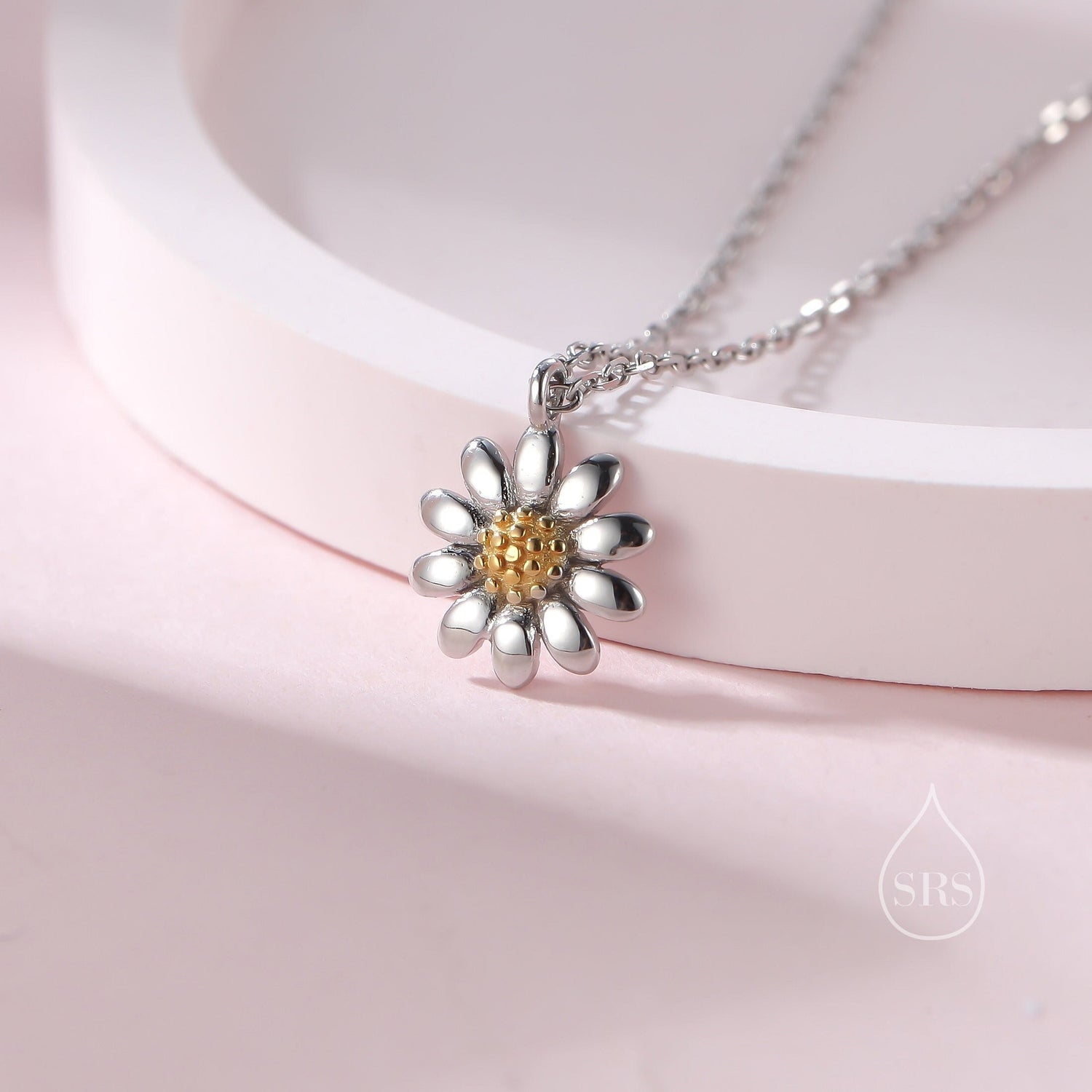 Sterling Silver Tiny Little Daisy Flower Pendant Necklace, Flower Necklace, Daisy Necklace, Two Tone Flower Pendant Necklace