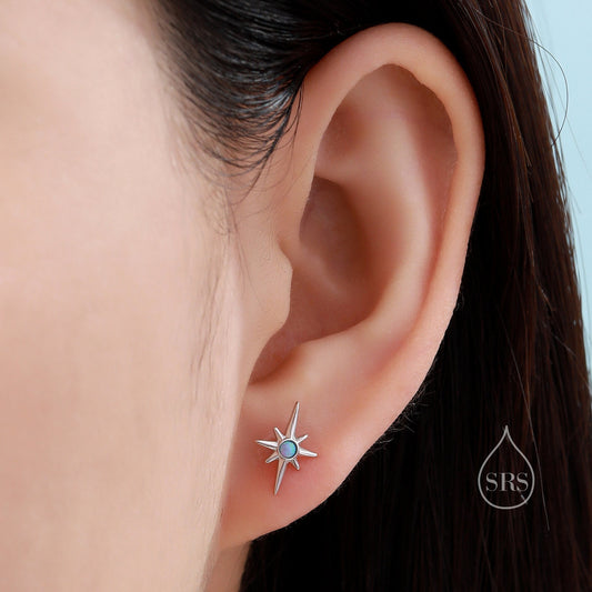 Opal Starburst Stud Earrings in Sterling Silver, North Star Earrings with Blue Opal, Silver or Gold, Sunburst Earrings