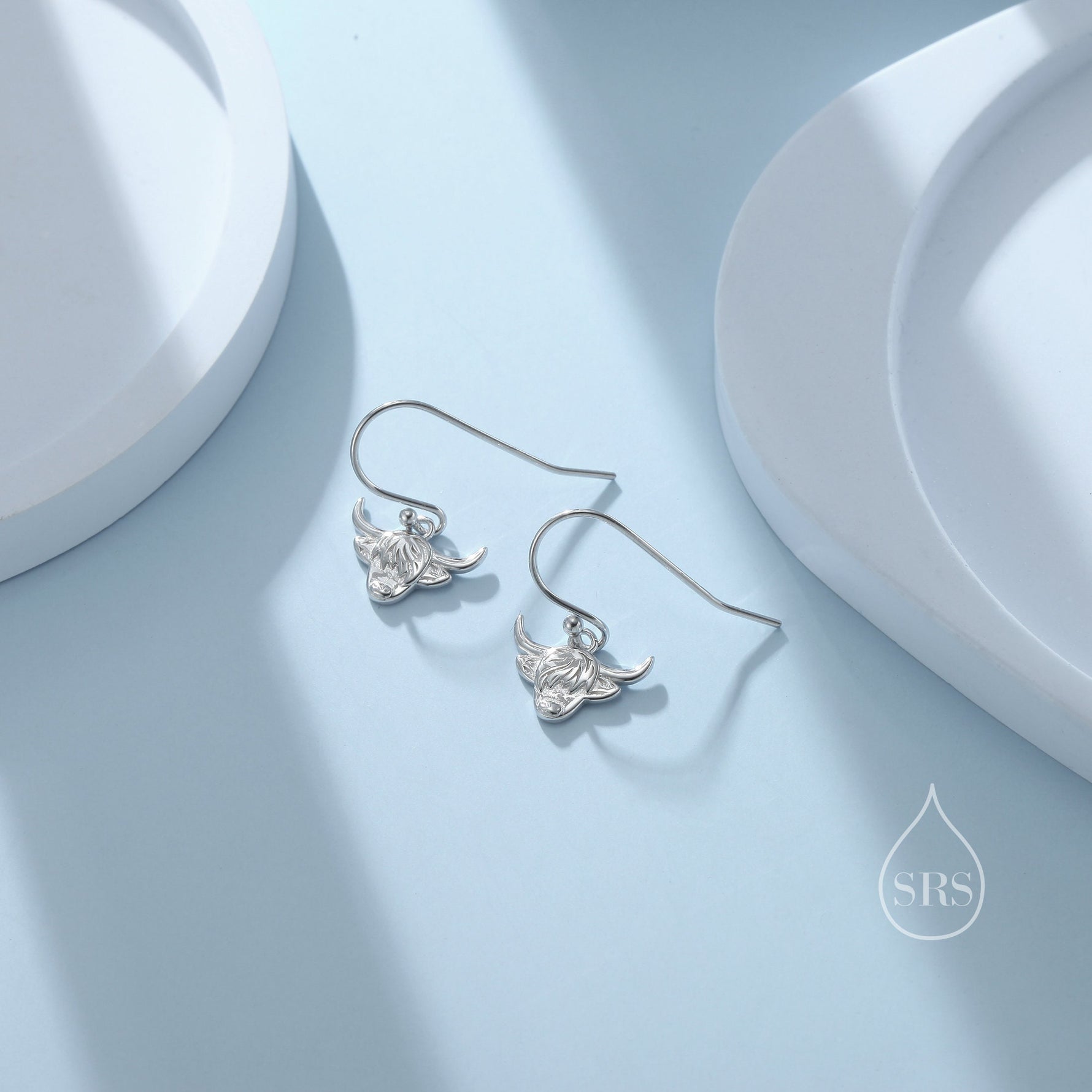 Highland Cow Drop Dangling Earrings in Sterling Silver, Silver or Gold or Rose Gold, Highland Cow Earrings, Cow Hook Earrings, Scottish