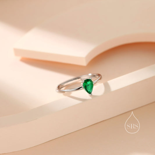 Created Green Emerald Droplet Ring in Sterling Silver, 4x6mm, Prong Set Pear Cut, Adjustable Size, Lab Emerald Ring, May Birthstone