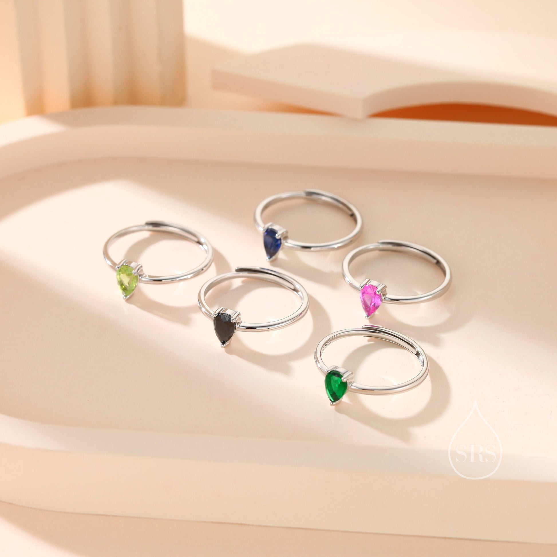 Created Blue Sapphire Droplet Ring in Sterling Silver, 5x7mm, Prong Set Pear Cut, US 5 6 7 8, Blue Corundum Ring, September Birthstone