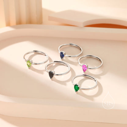 Created Blue Sapphire Droplet Ring in Sterling Silver, 5x7mm, Prong Set Pear Cut, US 5 6 7 8, Blue Corundum Ring, September Birthstone