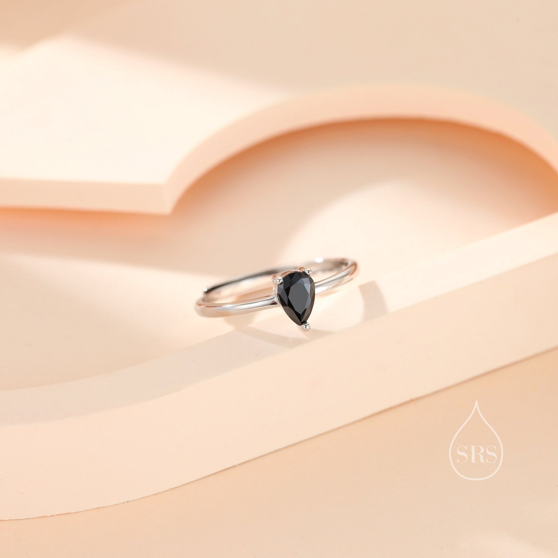 Natural Black Onyx Droplet Ring in Sterling Silver, 4x6mm, Prong Set Pear Cut, Adjustable Size, Genuine Black Onyx Ring