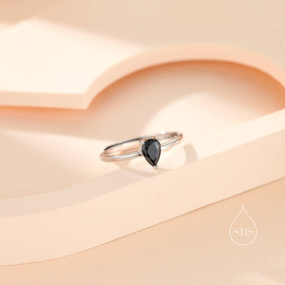 Natural Black Onyx Droplet Ring in Sterling Silver, 4x6mm, Prong Set Pear Cut, Adjustable Size, Genuine Black Onyx Ring