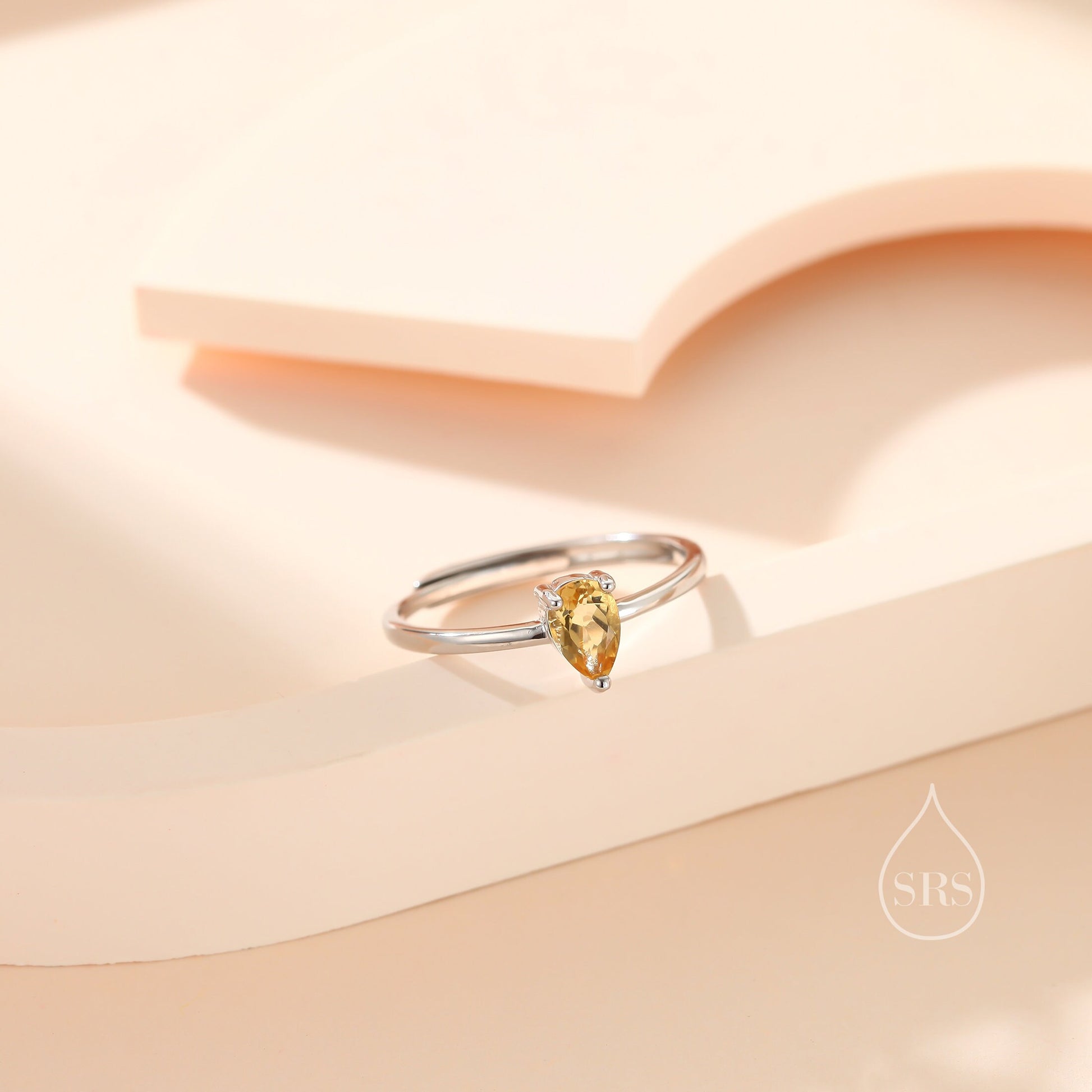 Natural Citrine Droplet Ring in Sterling Silver, 4x6mm, Prong Set Pear Cut, Adjustable Size, Genuine Citrine Ring, November Birthstone
