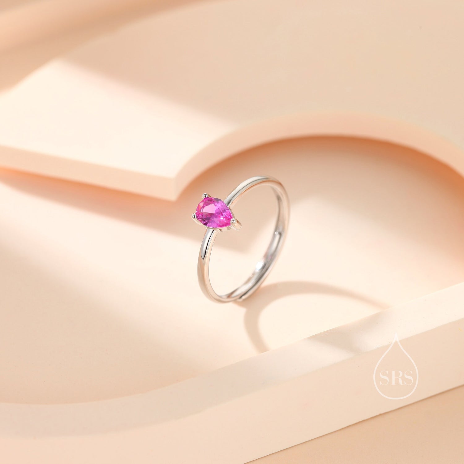 Created Ruby Pink Droplet Ring in Sterling Silver, 4x6mm, Prong Set Pear Cut, Adjustable Size, Lab Created Ruby Red CZ Ring