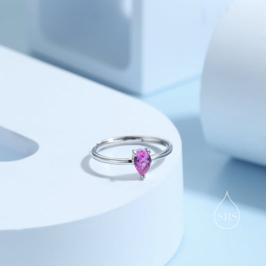 Created Ruby Pink Droplet Ring in Sterling Silver, 4x6mm, Prong Set Pear Cut, Adjustable Size, Lab Created Ruby Red CZ Ring