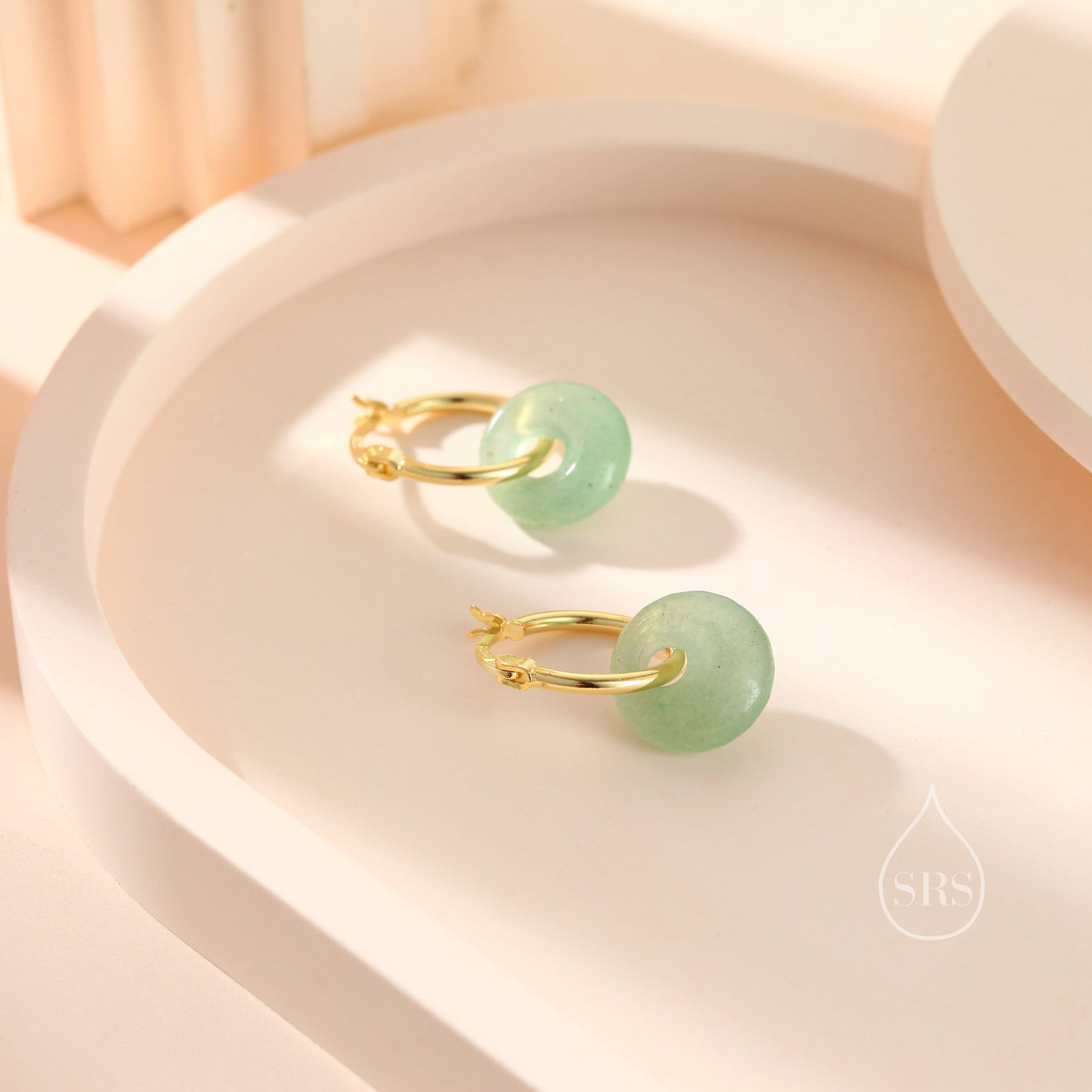 Sterling Silver Dangling Green Aventurine Jade Donut Hoop Earrings, Detachable Green Jade Coin Charm Dangle Hoop Earrings, Silver or Gold