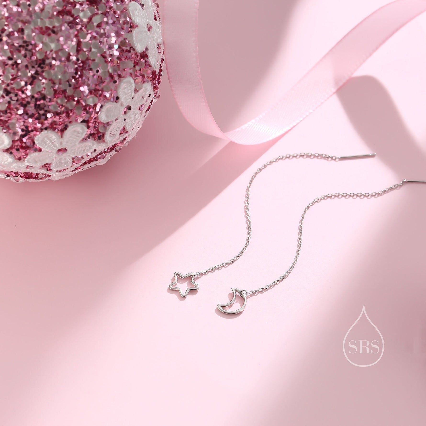 Asymmetric Star and Moon Ear Threaders in Sterling Silver, Delicate Star and Moon Threader Earrings, Dainty Open Star Dangle Earrings