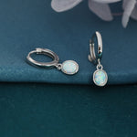 Sterling Silver Dangling Oval Opal Hoop Earrings, Fire Opal Charm Dangle Hoop Earrings, Silver or Gold