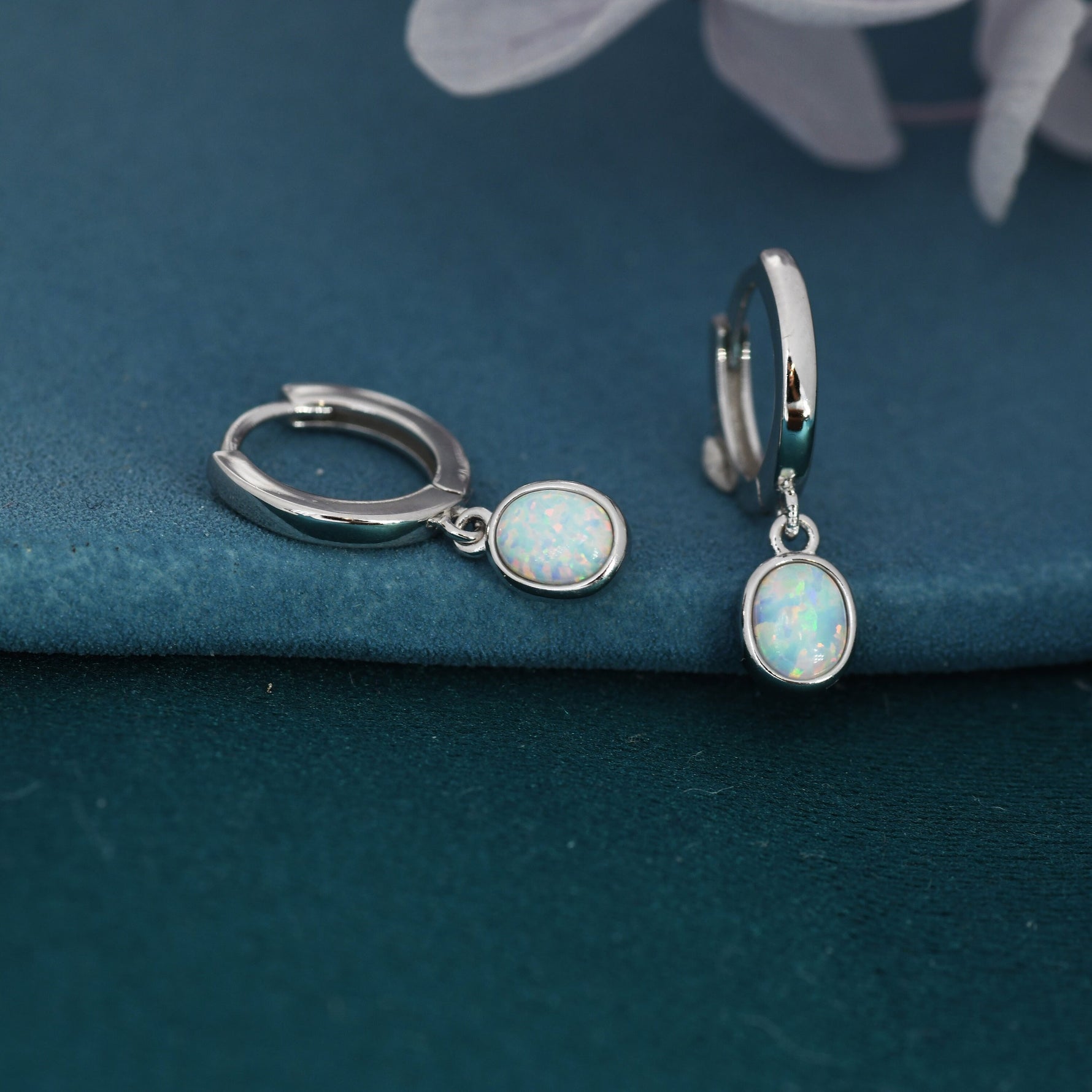 Sterling Silver Dangling Oval Opal Hoop Earrings, Fire Opal Charm Dangle Hoop Earrings, Silver or Gold