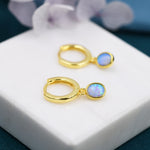 Sterling Silver Dangling Oval Blue Opal Hoop Earrings, Blue Opal Charm Dangle Hoop Earrings, Silver or Gold