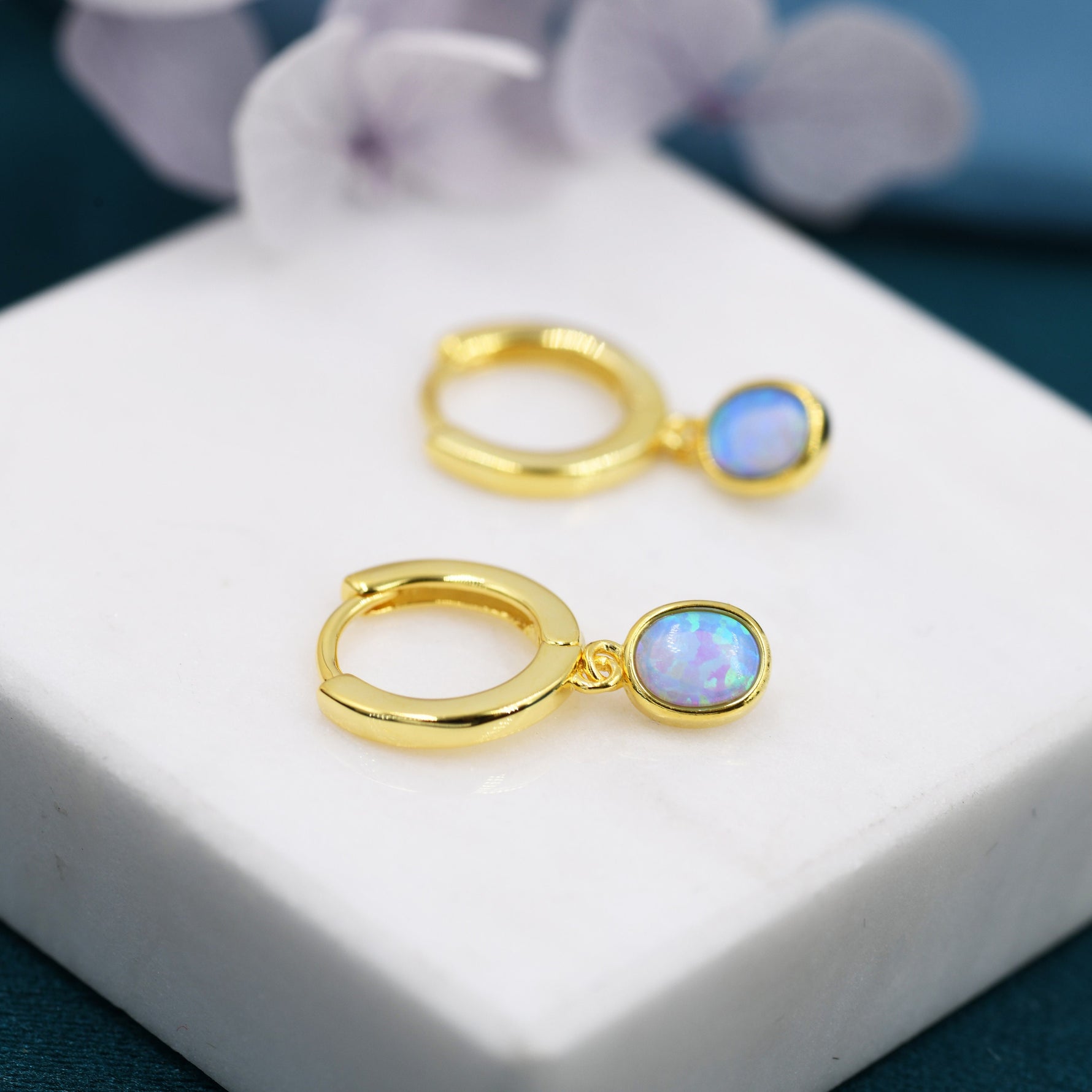Sterling Silver Dangling Oval Blue Opal Hoop Earrings, Blue Opal Charm Dangle Hoop Earrings, Silver or Gold