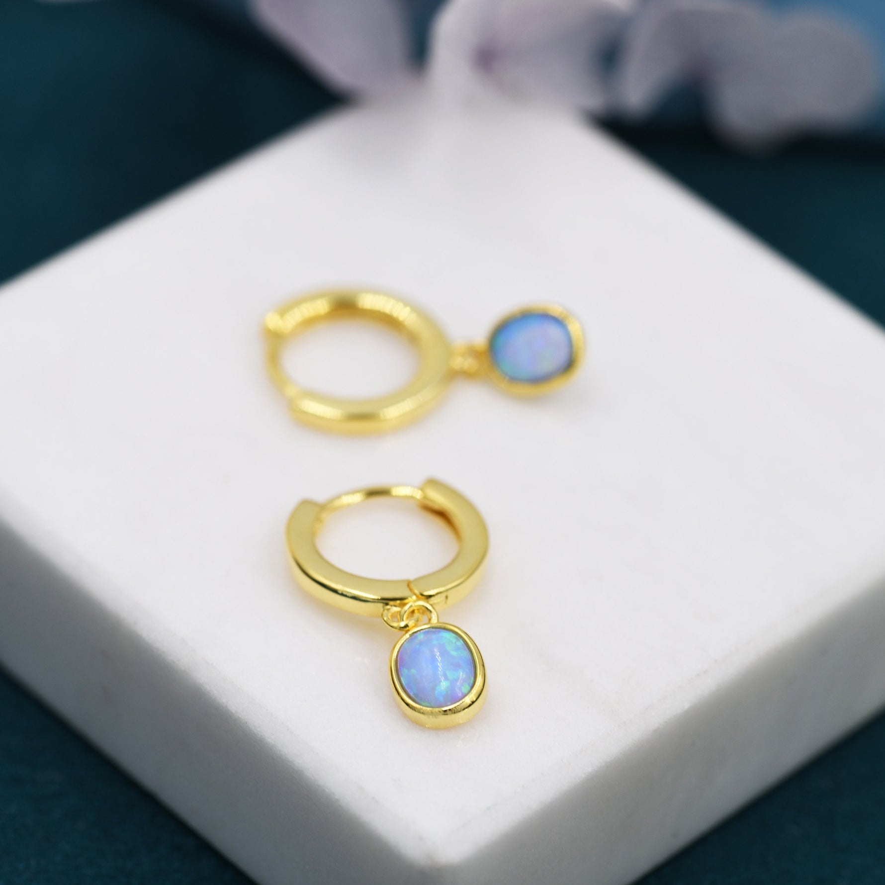 Sterling Silver Dangling Oval Blue Opal Hoop Earrings, Blue Opal Charm Dangle Hoop Earrings, Silver or Gold
